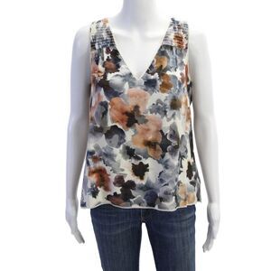 Go By GoSilk Womens Sleeveless V Neck Floral Silk Blouse White Blue Size Small